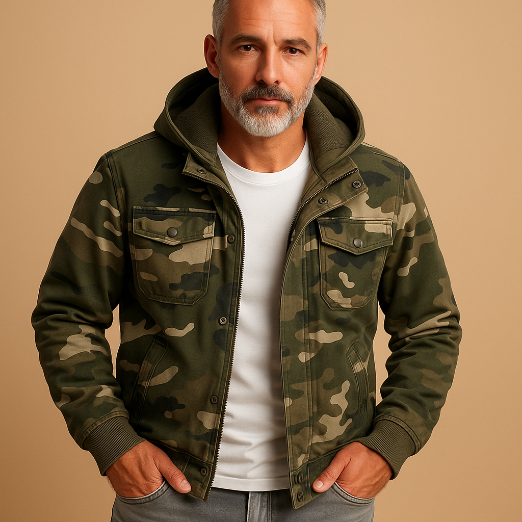 Men’s waterproof camouflage jacket with adjustable cuffs and deep pockets, ideal for outdoor adventures and daily wear.