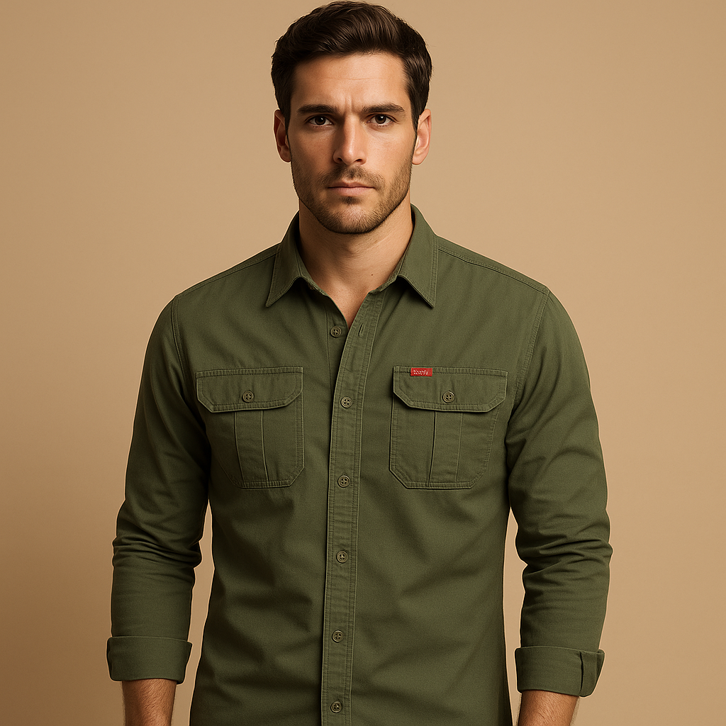 Men’s cargo cotton shirt with chest pockets and relaxed fit, perfect for casual wear and outdoor activities.