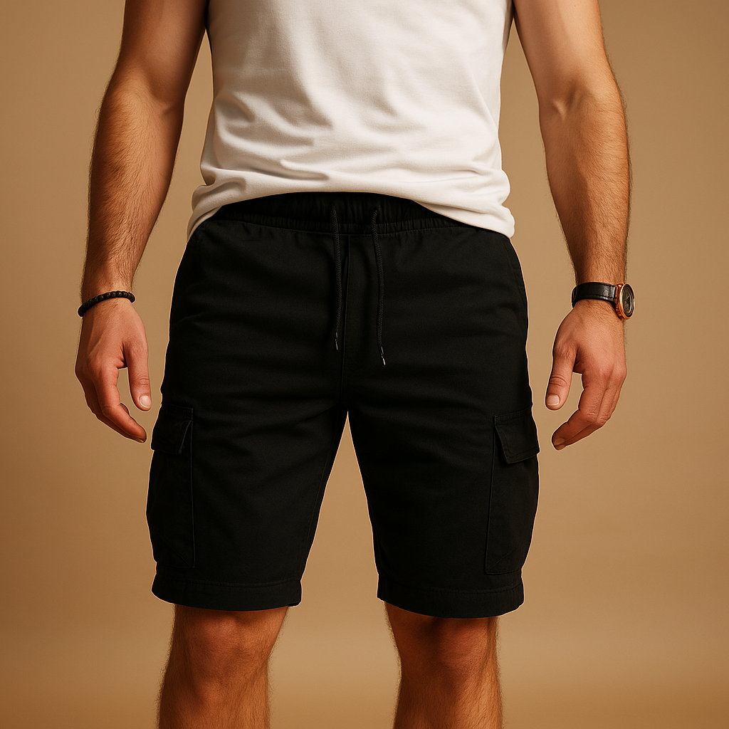 Men’s cargo shorts with elastic waistband, breathable fabric, and multiple pockets, available in khaki, black, green, gray, and navy blue.