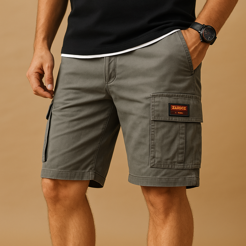 Men’s cargo shorts in black, khaki, and gray with multiple pockets, ideal for hiking, camping, and everyday casual wear.