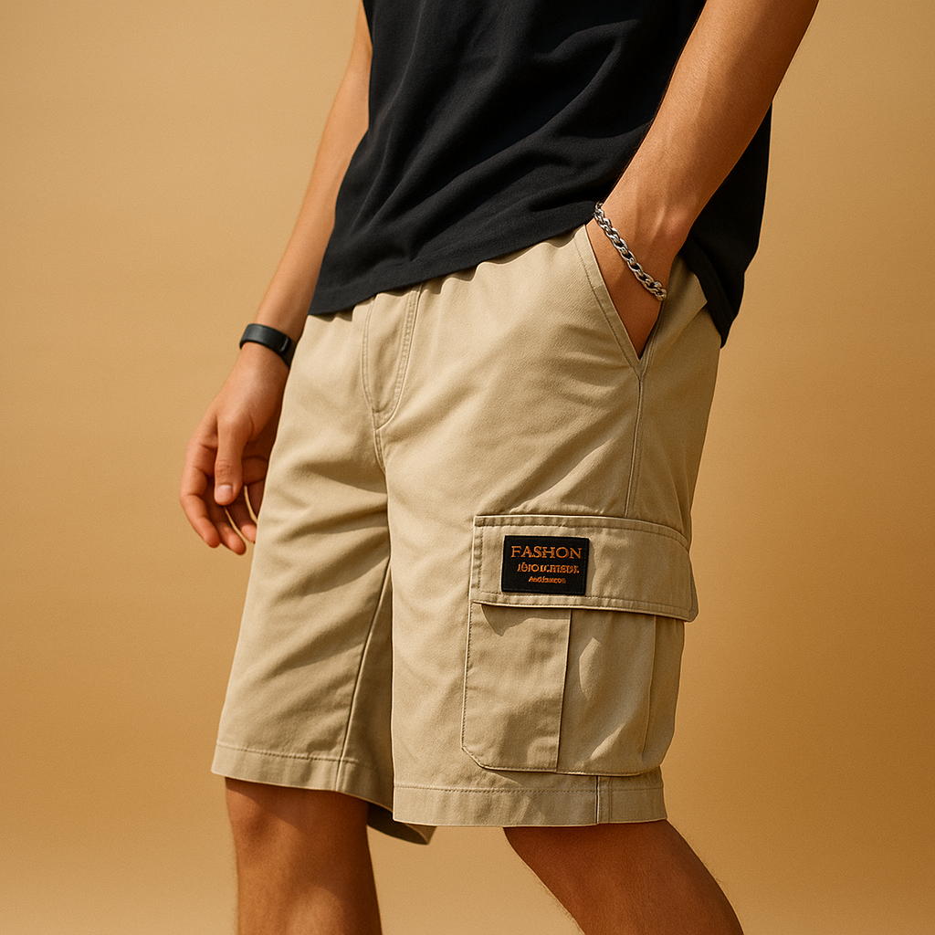 Men’s cargo shorts in black, khaki, and gray with multiple pockets, ideal for hiking, camping, and everyday casual wear.