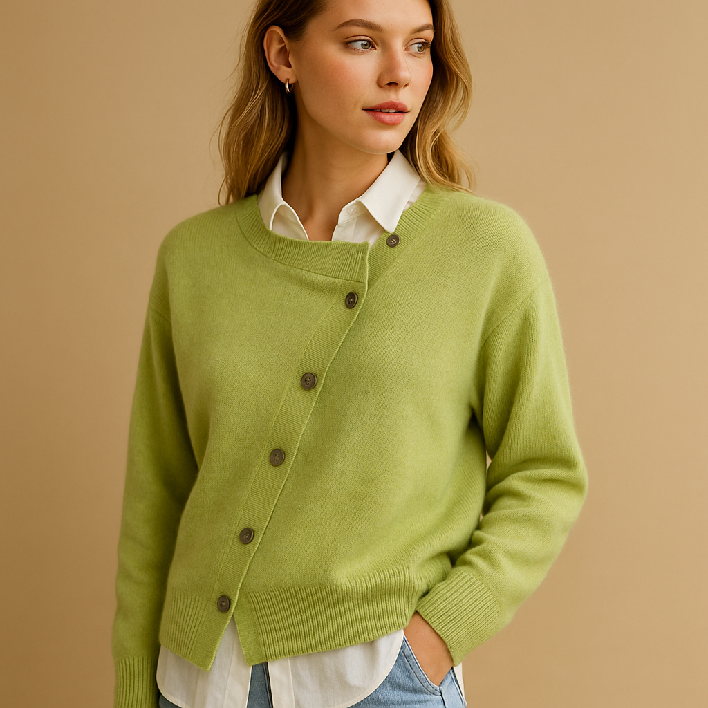 Women’s cashmere wrap cardigan with asymmetrical button closure, warm fit, and soft luxurious texture. Ideal for elegant evenings and casual comfort.