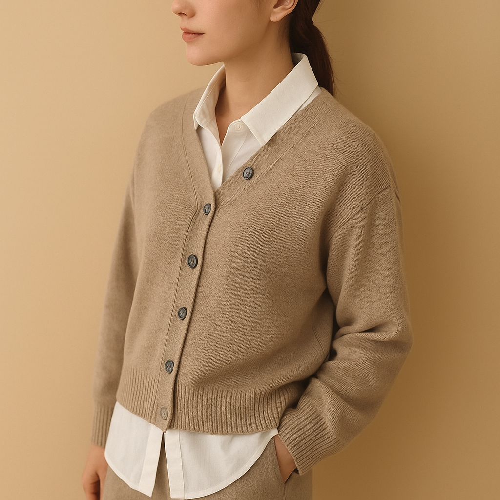 Women’s cashmere wrap cardigan with asymmetrical button closure, warm fit, and soft luxurious texture. Ideal for elegant evenings and casual comfort.