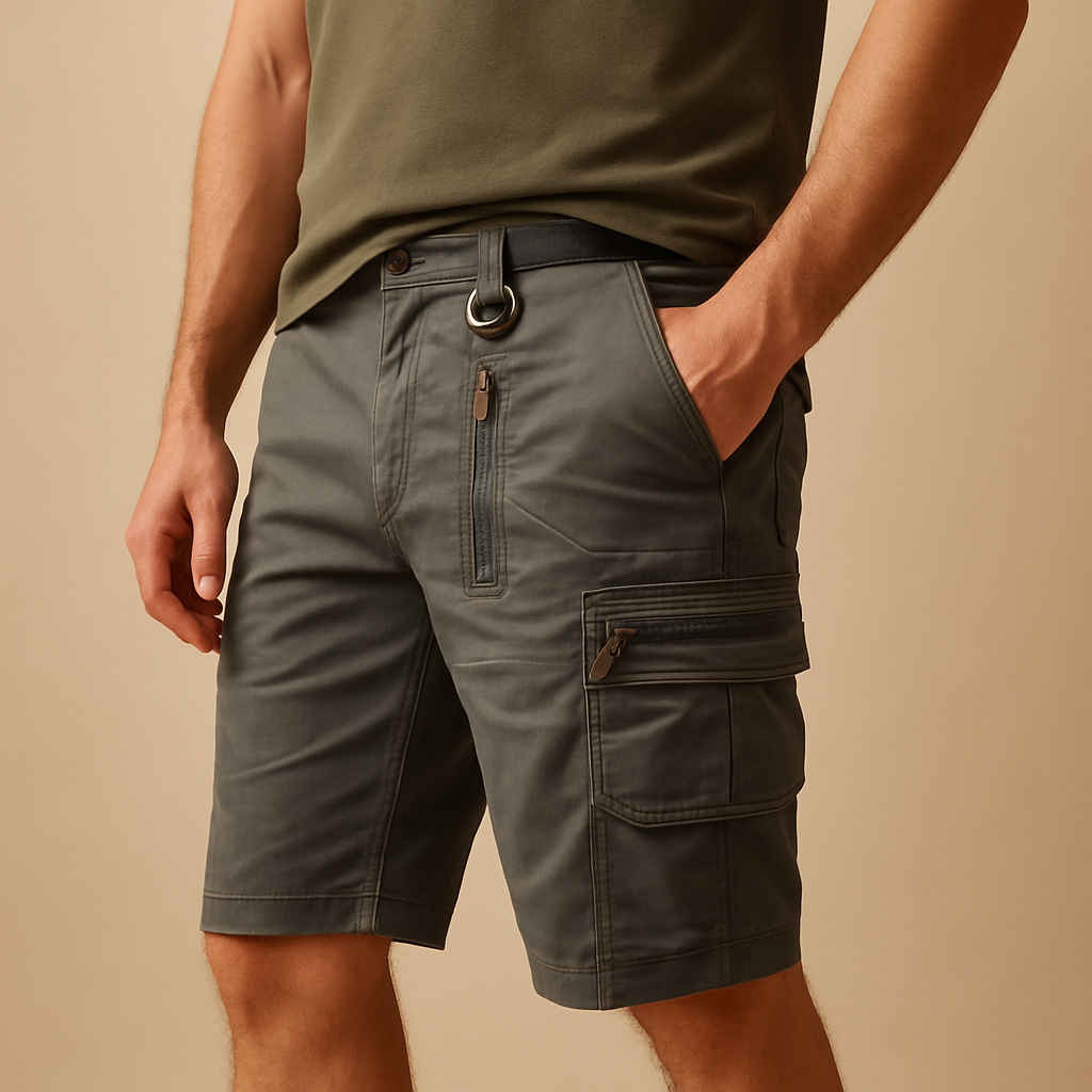 Men’s casual cargo shorts with multiple pockets, relaxed fit, and durable design, available in black, light brown, olive green, and gray.