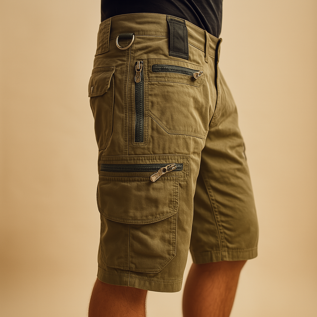 Men’s casual cargo shorts with multiple pockets, relaxed fit, and durable design, available in black, light brown, olive green, and gray.
