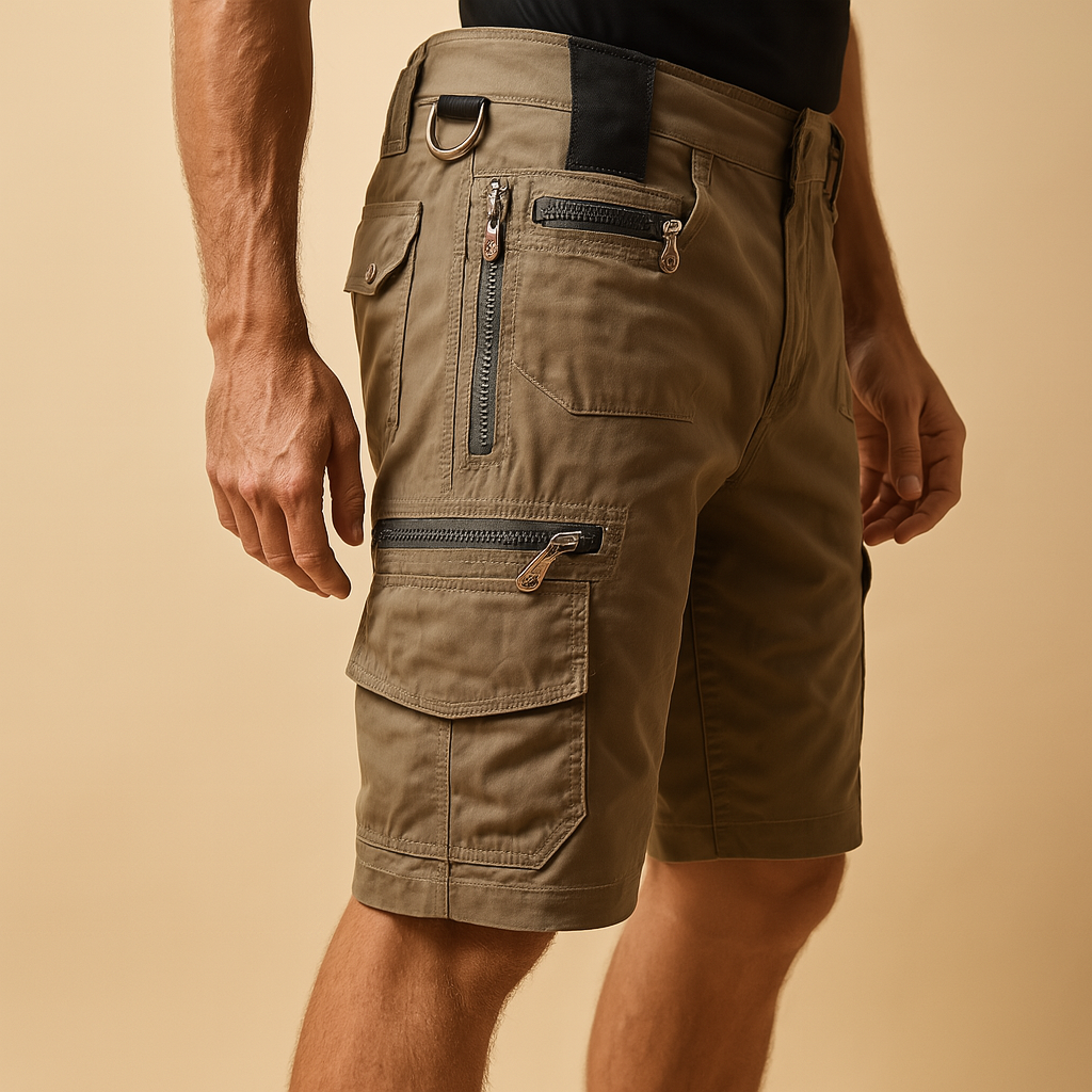 Men’s casual cargo shorts with multiple pockets, relaxed fit, and durable design, available in black, light brown, olive green, and gray.