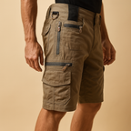 Men’s casual cargo shorts with multiple pockets, relaxed fit, and durable design, available in black, light brown, olive green, and gray.