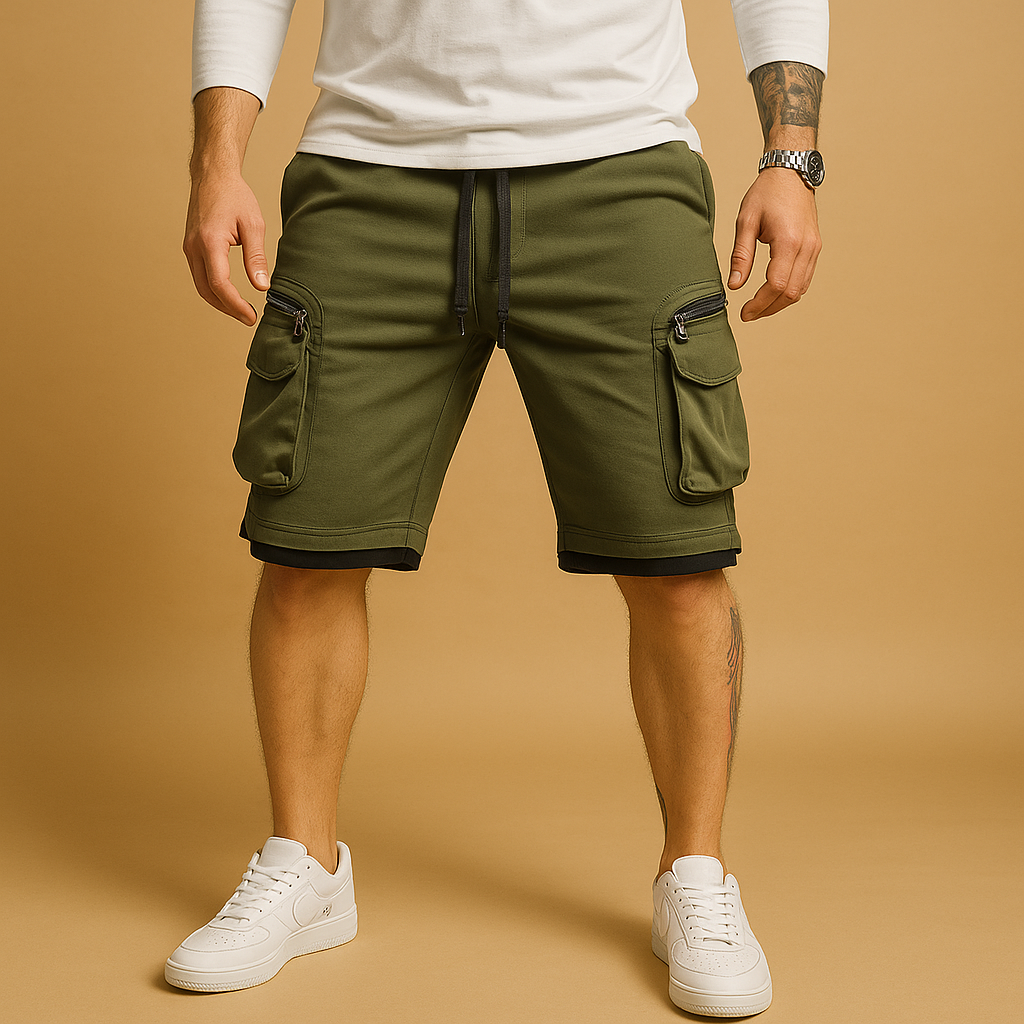 Men’s casual cargo shorts with relaxed fit, adjustable drawstring, and multiple pockets, lightweight breathable design perfect for summer wear.