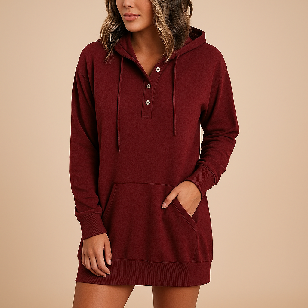 Women’s casual hoodie dress in solid color with relaxed fit, soft breathable fabric, and minimalist streetwear design.