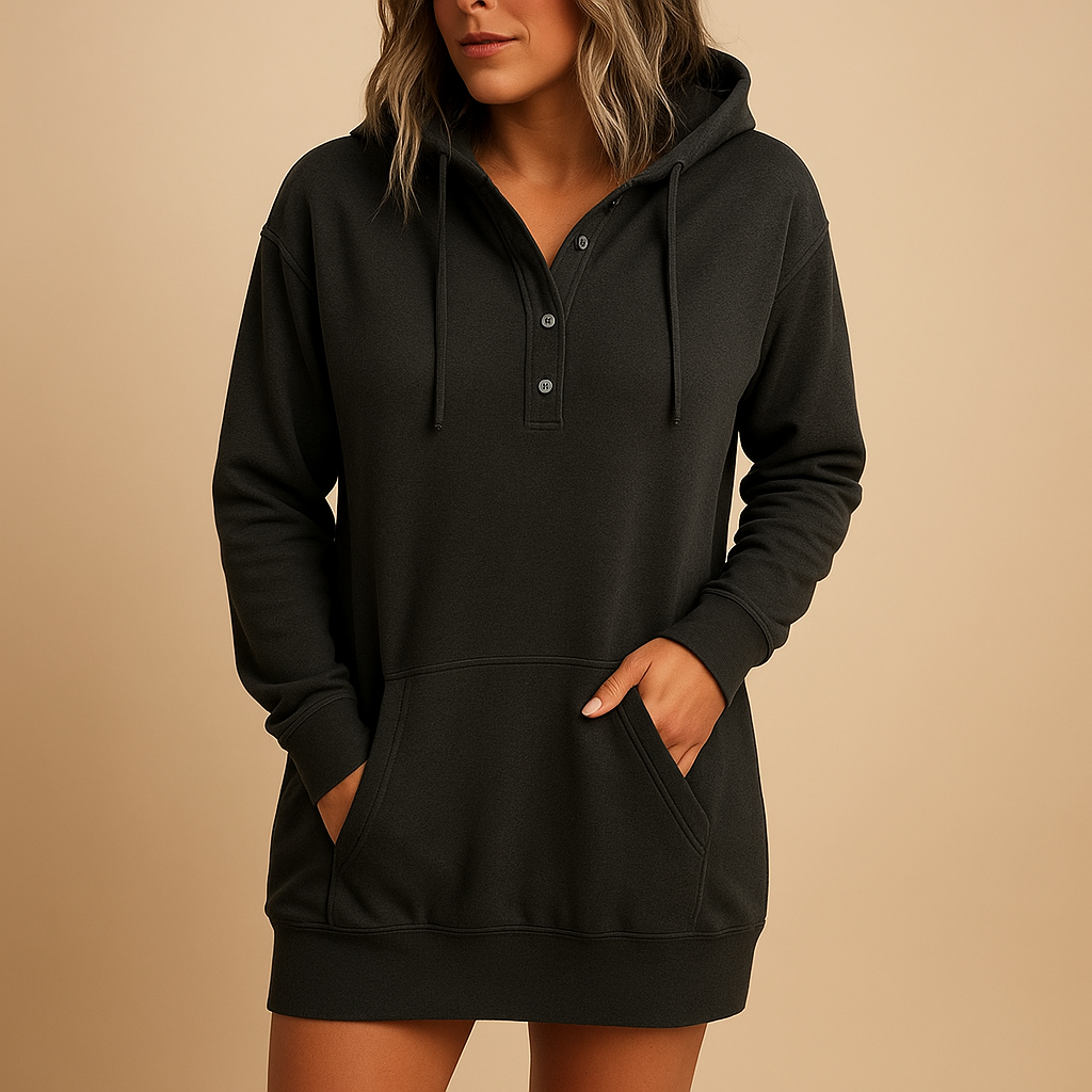 Women’s casual hoodie dress in solid color with relaxed fit, soft breathable fabric, and minimalist streetwear design.