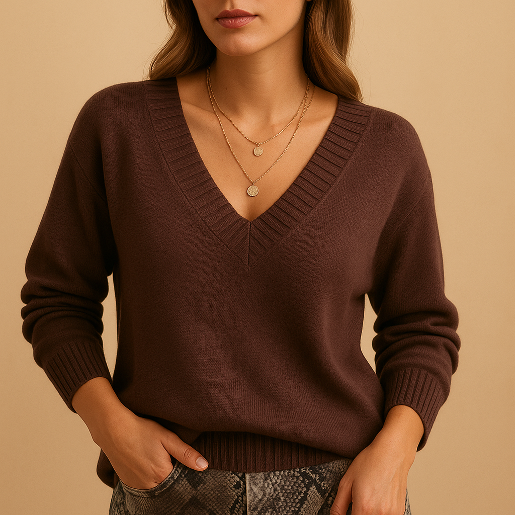 Women’s casual knitted sweater with deep V-neck in neutral tones, featuring a relaxed fit and classic knit texture for elegant everyday style.