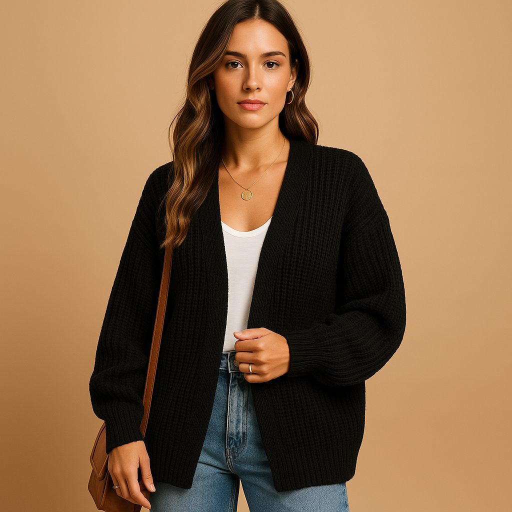 Women’s casual open front knitted cardigan with relaxed fit, breathable knit, and subtle texture, perfect for layering at home, office, or casual days.