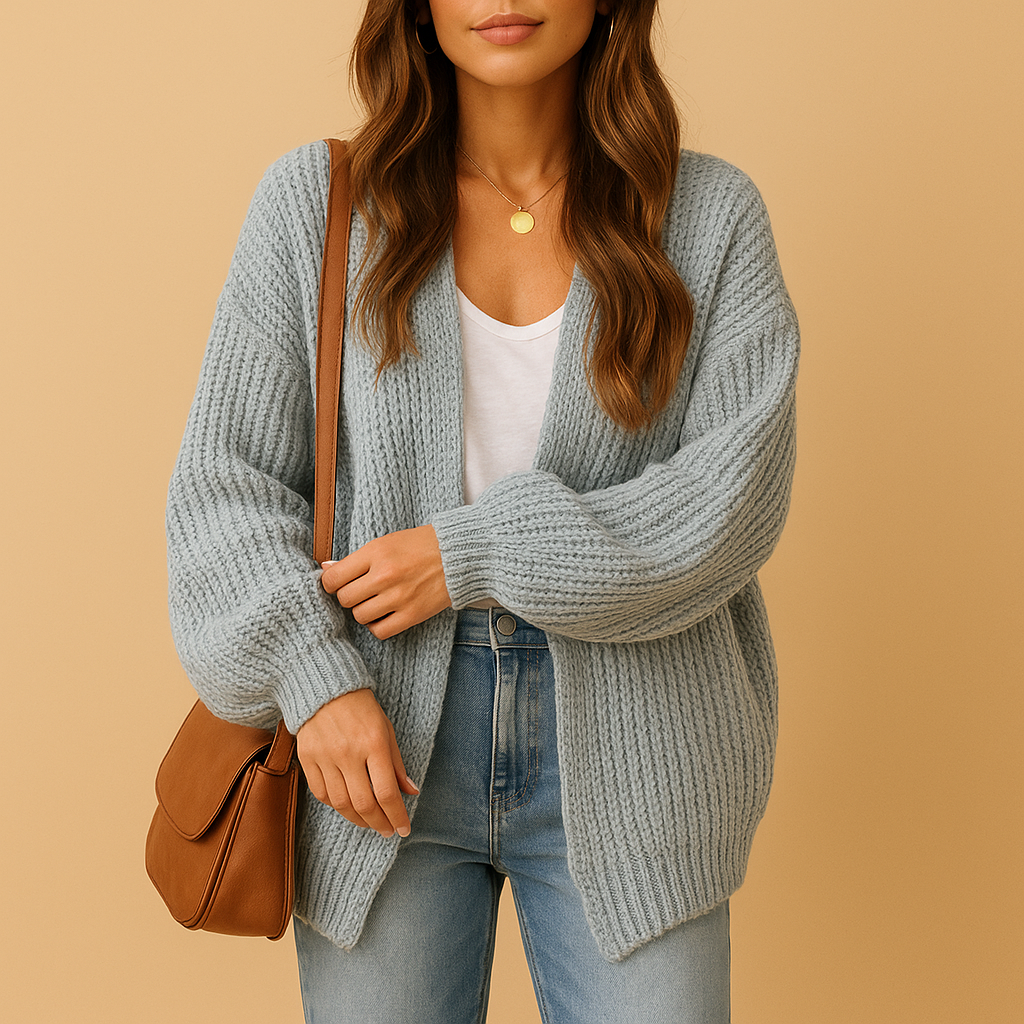 Women’s casual open front knitted cardigan with relaxed fit, breathable knit, and subtle texture, perfect for layering at home, office, or casual days.