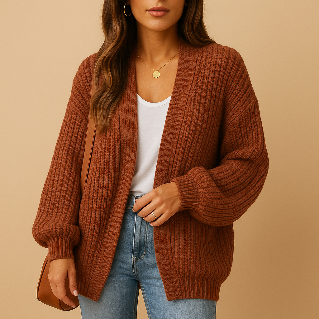 Women’s casual open front knitted cardigan with relaxed fit, breathable knit, and subtle texture, perfect for layering at home, office, or casual days.