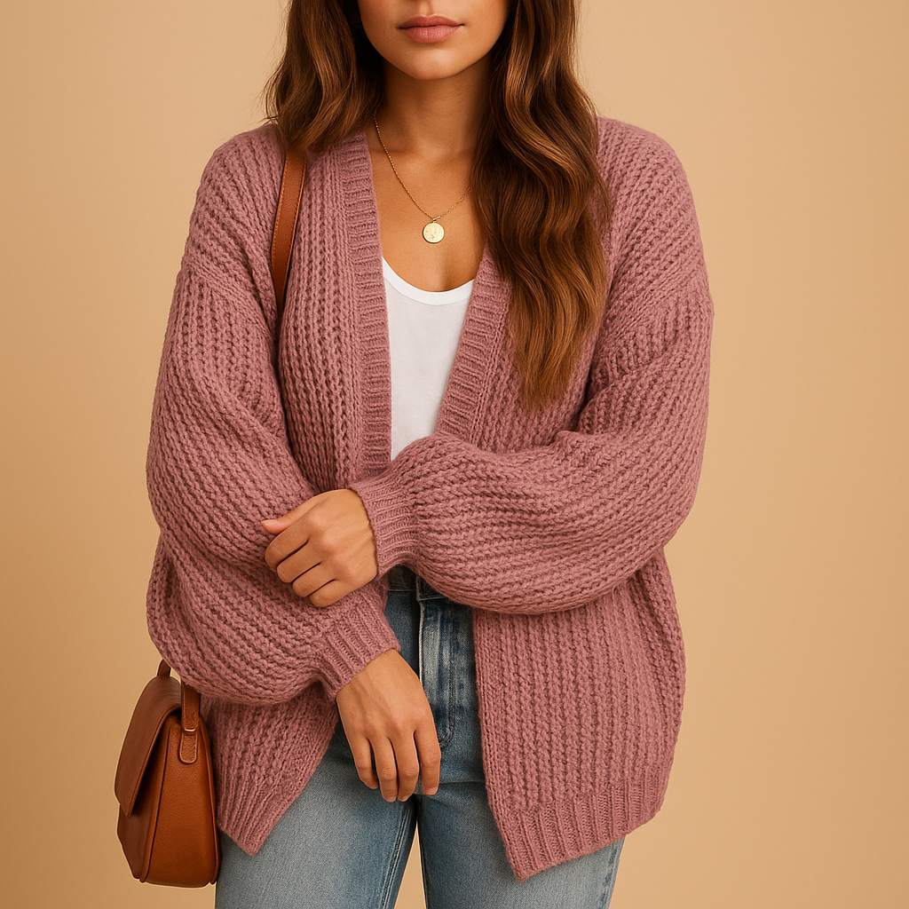 Women’s casual open front knitted cardigan with relaxed fit, breathable knit, and subtle texture, perfect for layering at home, office, or casual days.