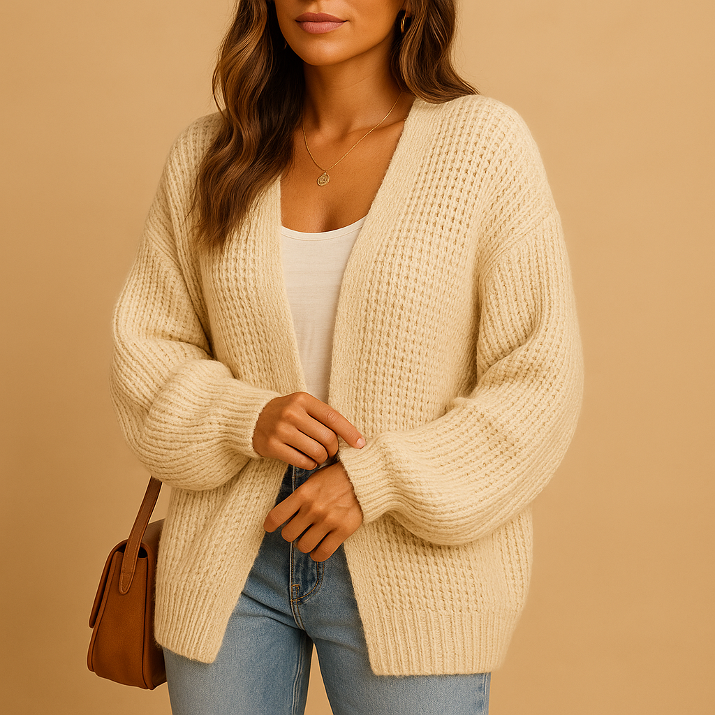Women’s casual open front knitted cardigan with relaxed fit, breathable knit, and subtle texture, perfect for layering at home, office, or casual days.