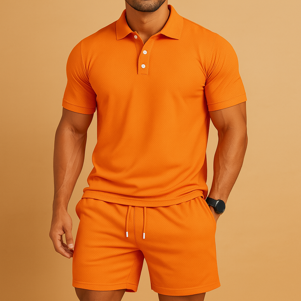 Sporty summer set for men with solid color polo shirt and shorts with drawstring detail, ideal for golf, leisure, or beach days.