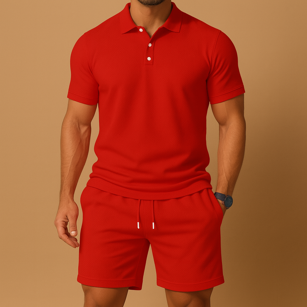 Sporty summer set for men with solid color polo shirt and shorts with drawstring detail, ideal for golf, leisure, or beach days.