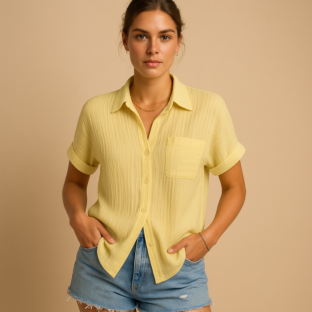 Casual women’s polo shirt with short sleeves and chest pocket, perfect for summer days, casual outings, and everyday wear.