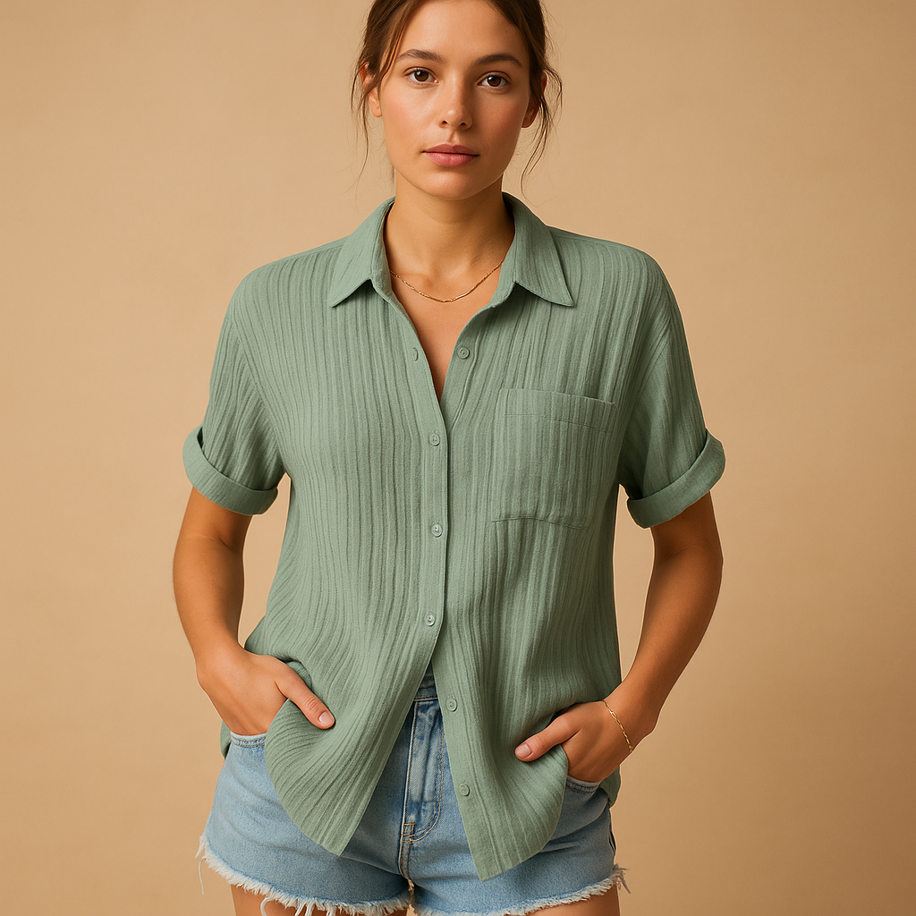 Casual women’s polo shirt with short sleeves and chest pocket, perfect for summer days, casual outings, and everyday wear.