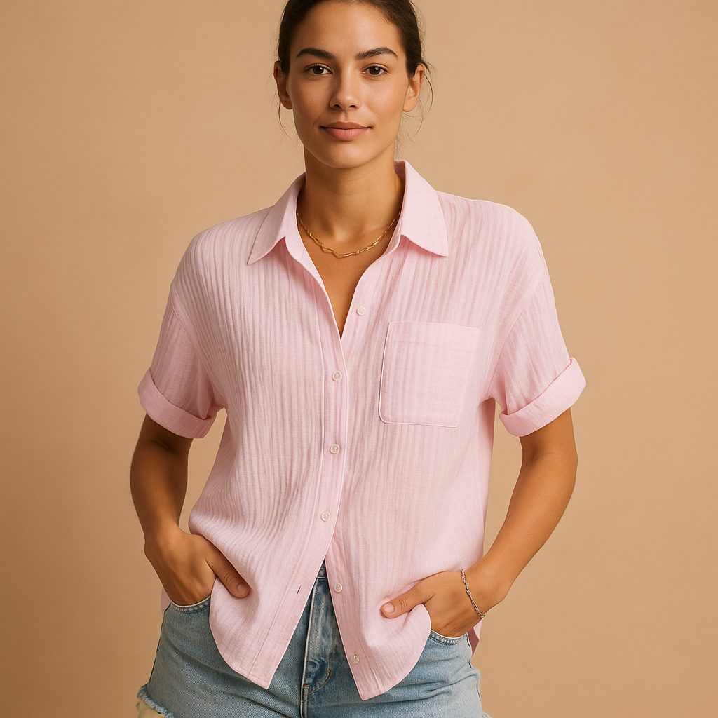 Casual women’s polo shirt with short sleeves and chest pocket, perfect for summer days, casual outings, and everyday wear.