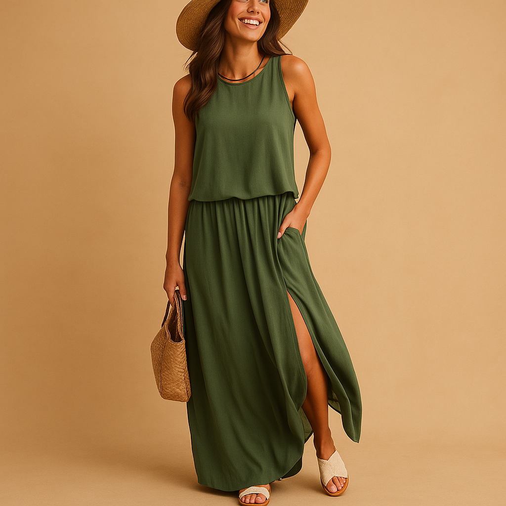 Women’s casual summer dress with breathable fabric, short sleeves, and knee-length fit, perfect for everyday wear, casual outings, and chic occasions.
