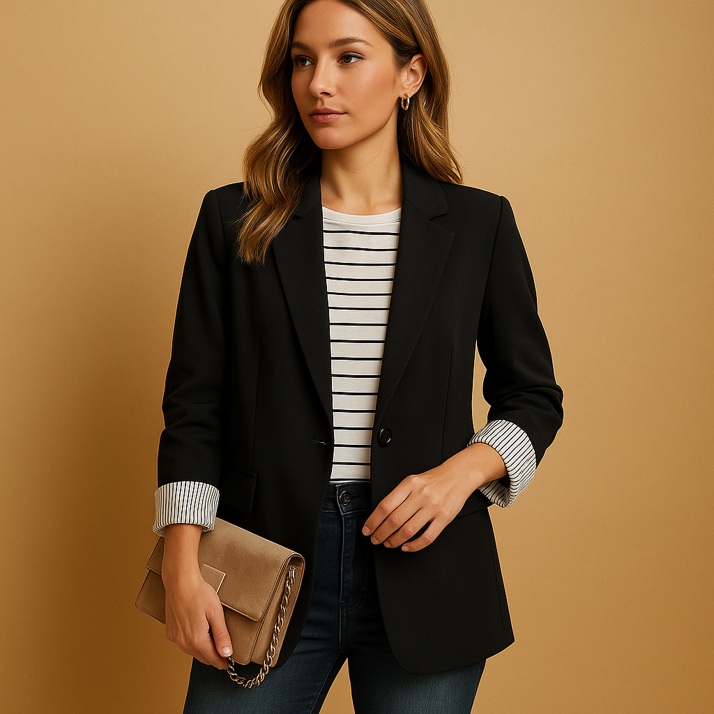 Casual tailored blazer for women with long sleeves, lightweight fabric and a flattering fit, suitable for work, daily wear and evening outfits.