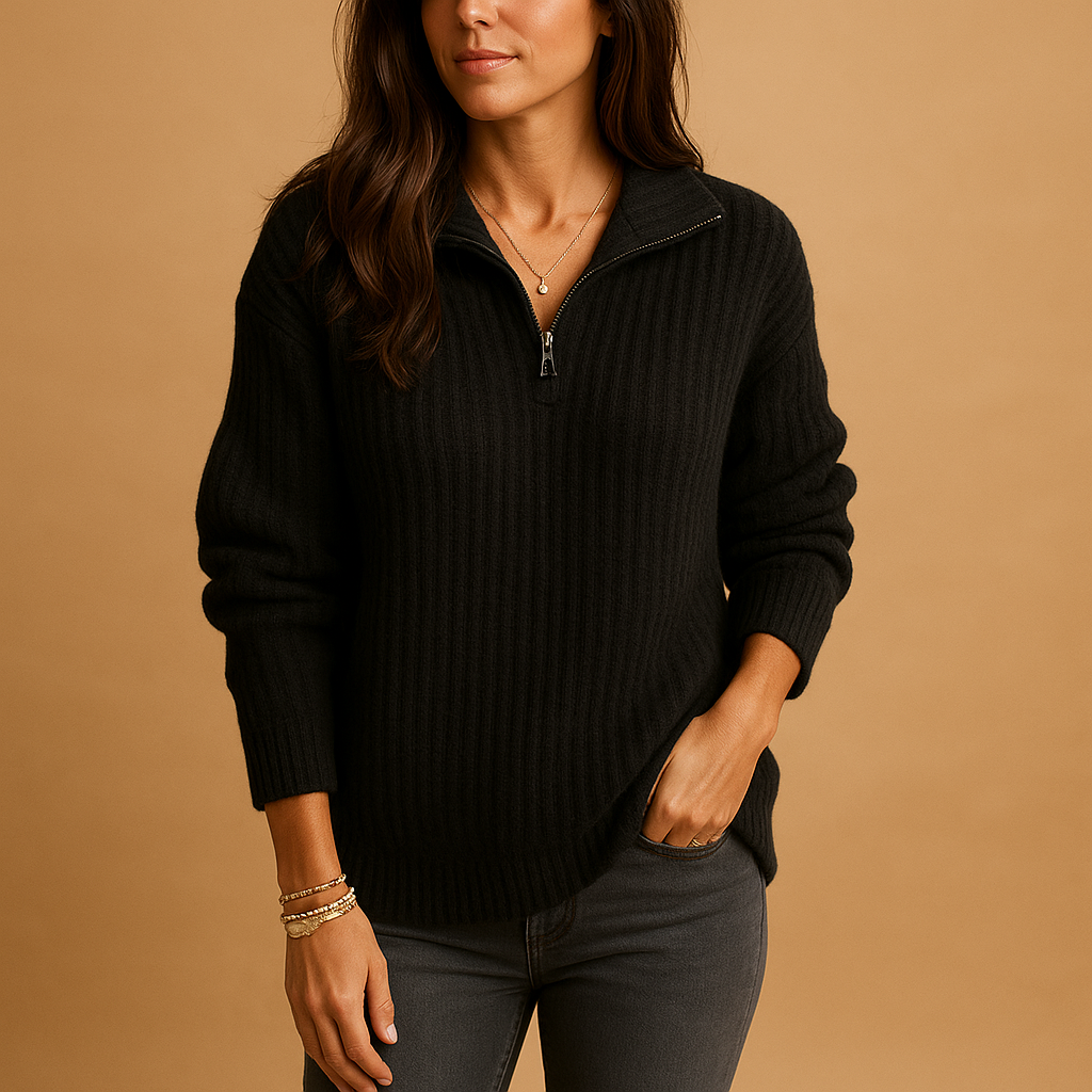 Women’s chic half zip sweater with slightly tailored fit, soft breathable fabric, versatile for casual outfits and semi-formal occasions.