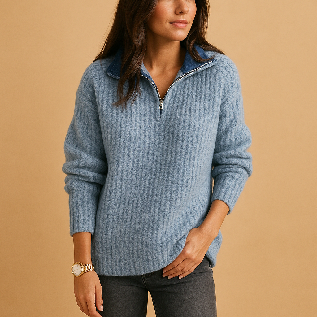 Women’s chic half zip sweater with slightly tailored fit, soft breathable fabric, versatile for casual outfits and semi-formal occasions.