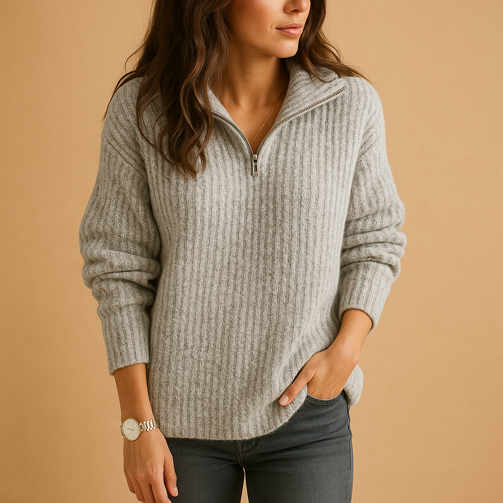 Women’s chic half zip sweater with slightly tailored fit, soft breathable fabric, versatile for casual outfits and semi-formal occasions.