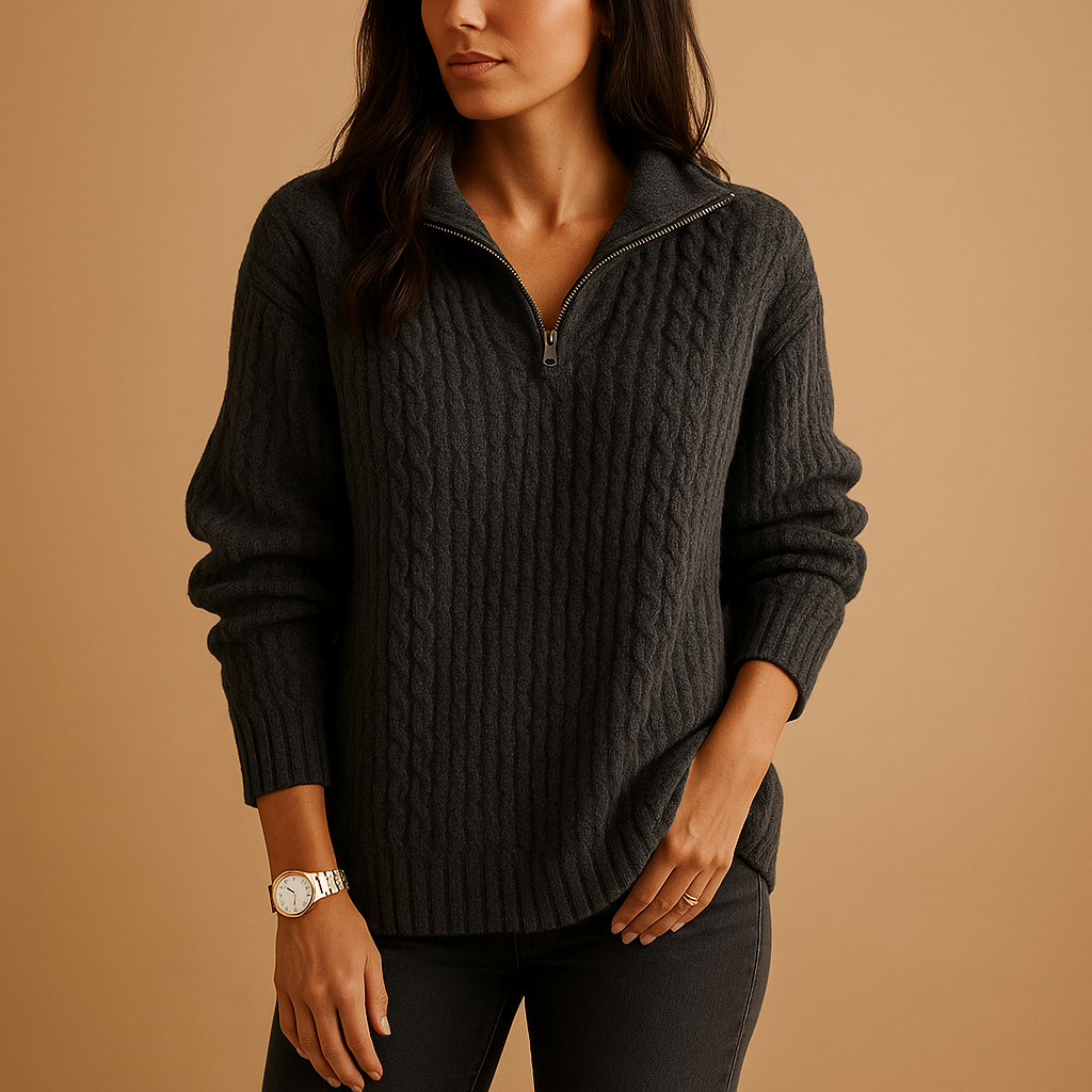 Women’s chic half zip sweater with slightly tailored fit, soft breathable fabric, versatile for casual outfits and semi-formal occasions.