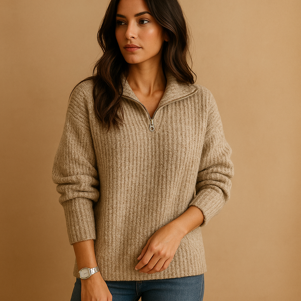 Women’s chic half zip sweater with slightly tailored fit, soft breathable fabric, versatile for casual outfits and semi-formal occasions.