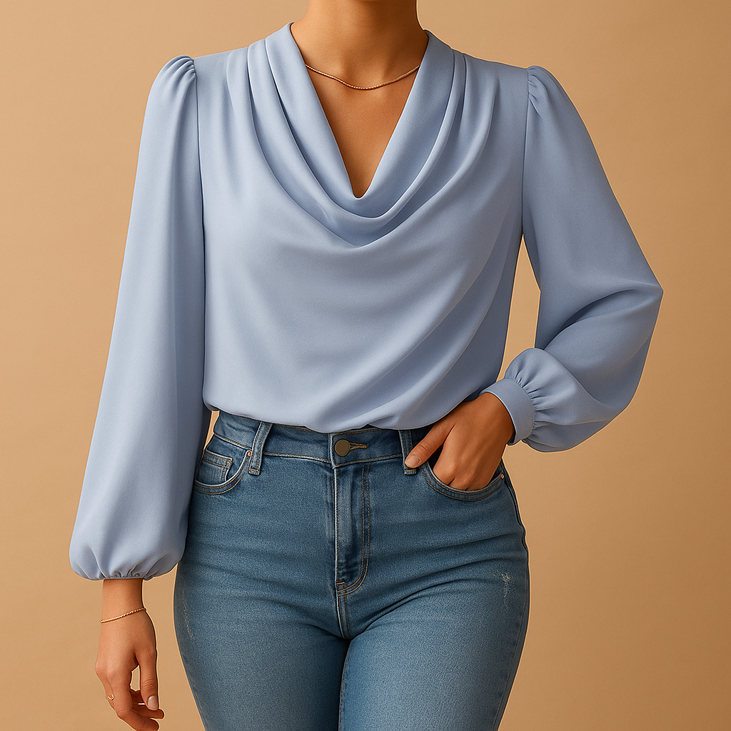 Women’s chiffon V-neck blouse with puff sleeves and relaxed fit, perfect for casual days, summer lunches, or elegant dinners.