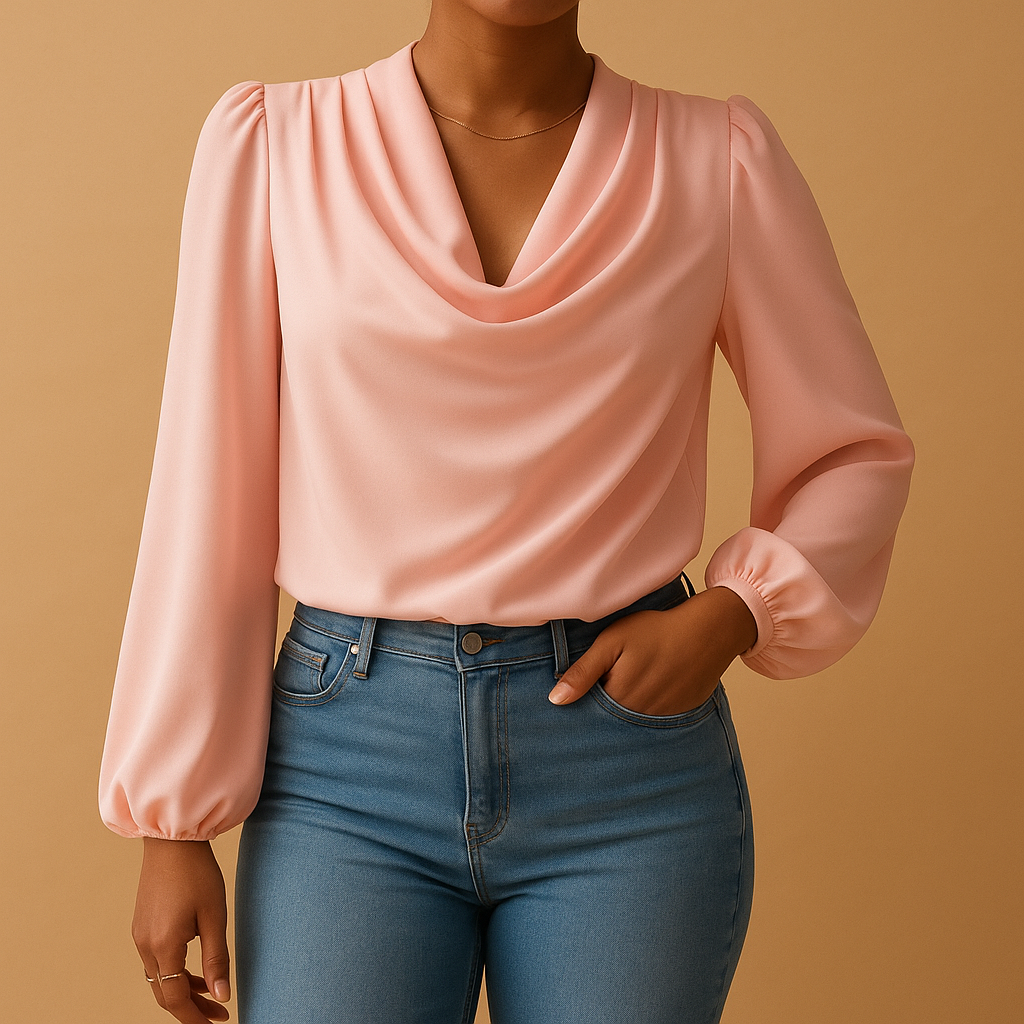 Women’s chiffon V-neck blouse with puff sleeves and relaxed fit, perfect for casual days, summer lunches, or elegant dinners.