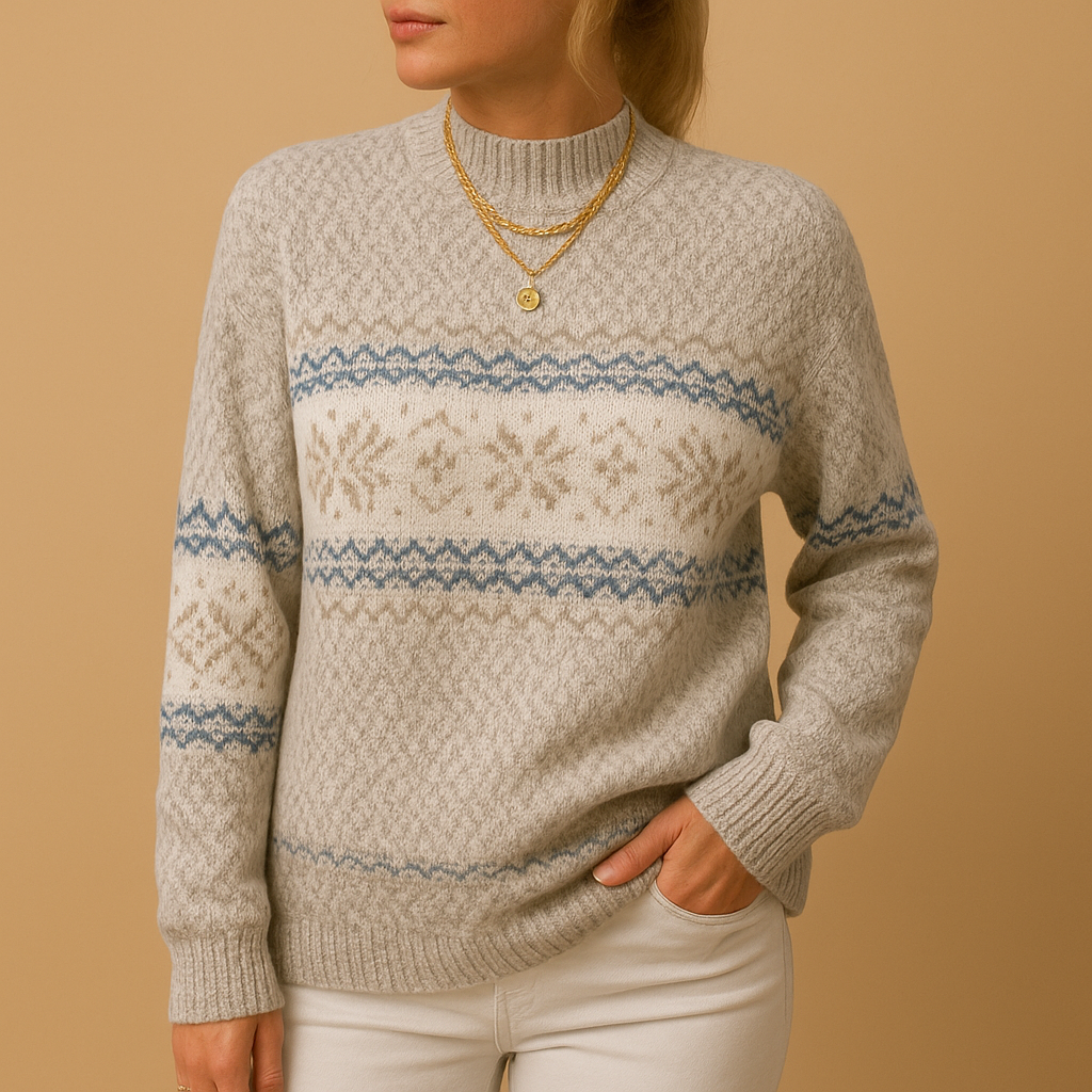 Women’s Christmas sweater with festive holiday print, available in blue, apricot, grey, and pink. Cozy and stylish for winter celebrations.