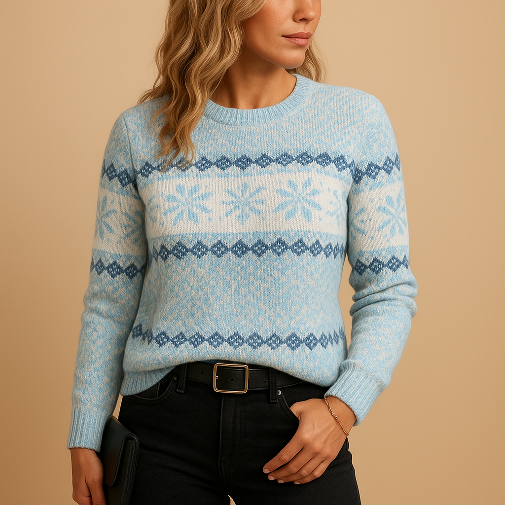 Women’s Christmas sweater with festive holiday print, available in blue, apricot, grey, and pink. Cozy and stylish for winter celebrations.