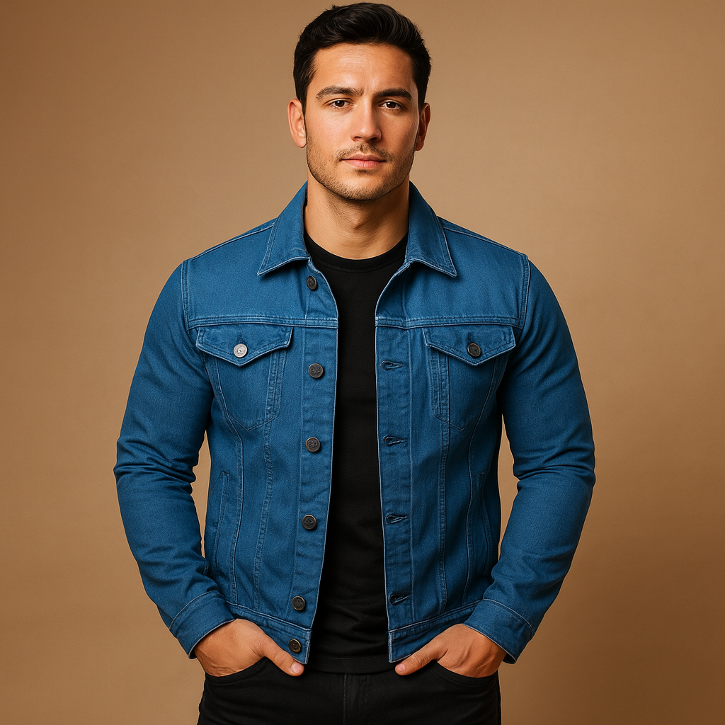 Men’s classic denim jacket with regular fit, button closure, and chest and side pockets, ideal for spring and summer outfits.