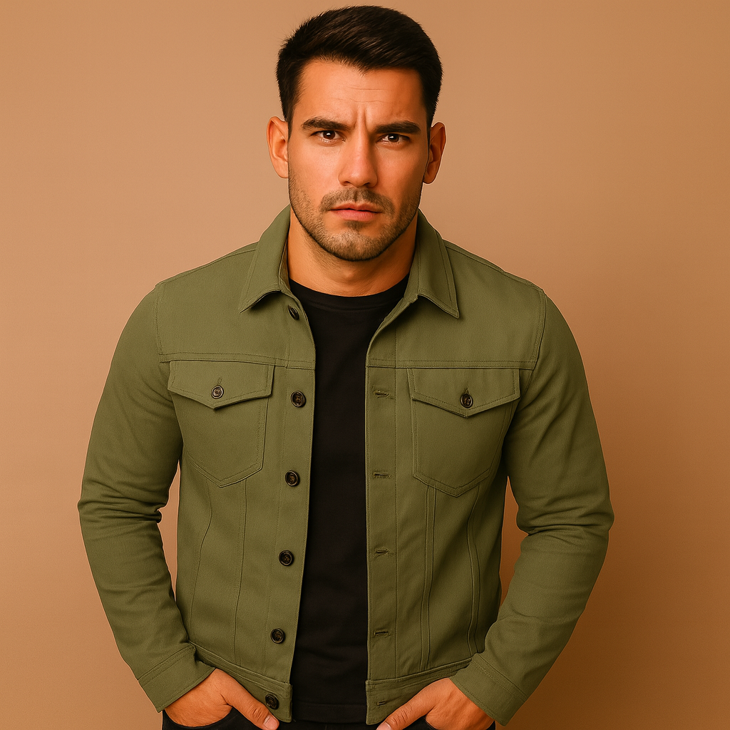 Men’s classic denim jacket with regular fit, button closure, and chest and side pockets, ideal for spring and summer outfits.