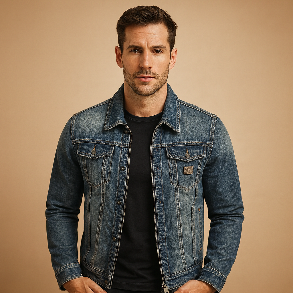Men’s classic denim jacket in blue with button closure and front pockets, perfect for casual and everyday wear.