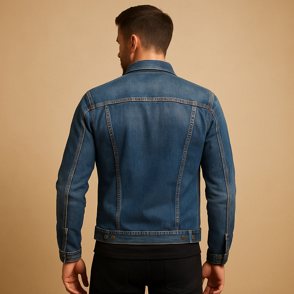 Men’s classic denim jacket in blue with button closure and front pockets, perfect for casual and everyday wear.