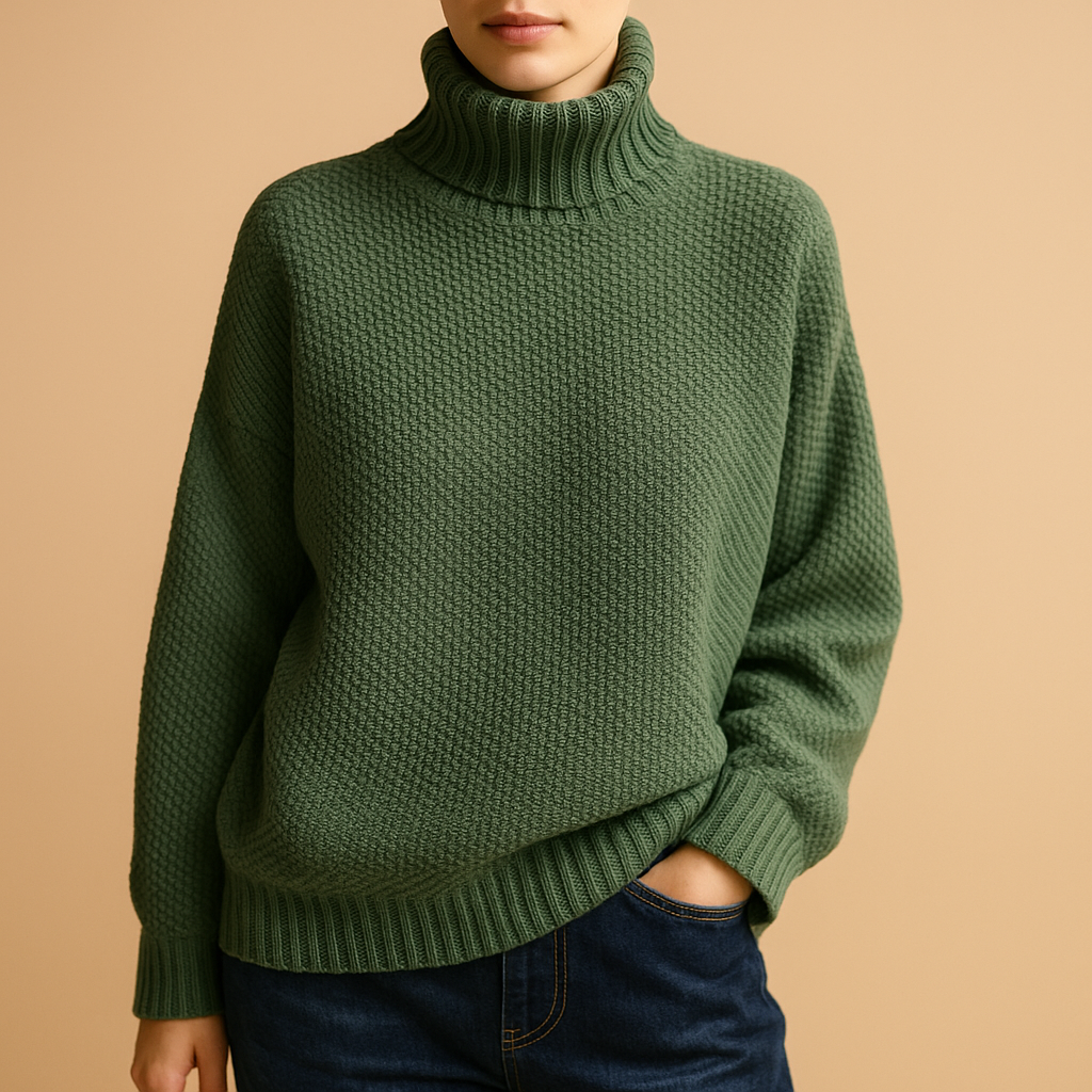 Women’s classic knitted turtleneck sweater in neutral seasonal colors, with soft collar and timeless fit, ideal for casual or formal outfits.