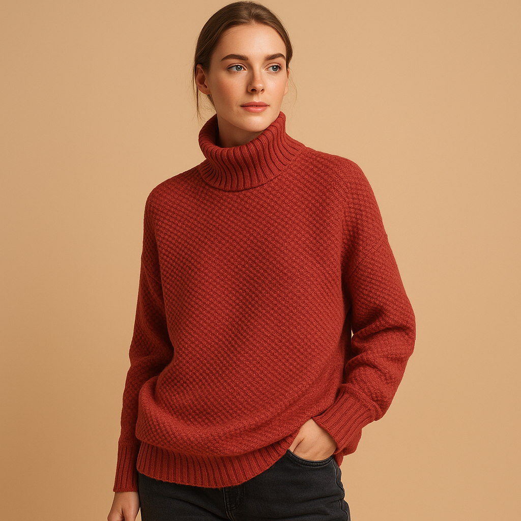 Women’s classic knitted turtleneck sweater in neutral seasonal colors, with soft collar and timeless fit, ideal for casual or formal outfits.