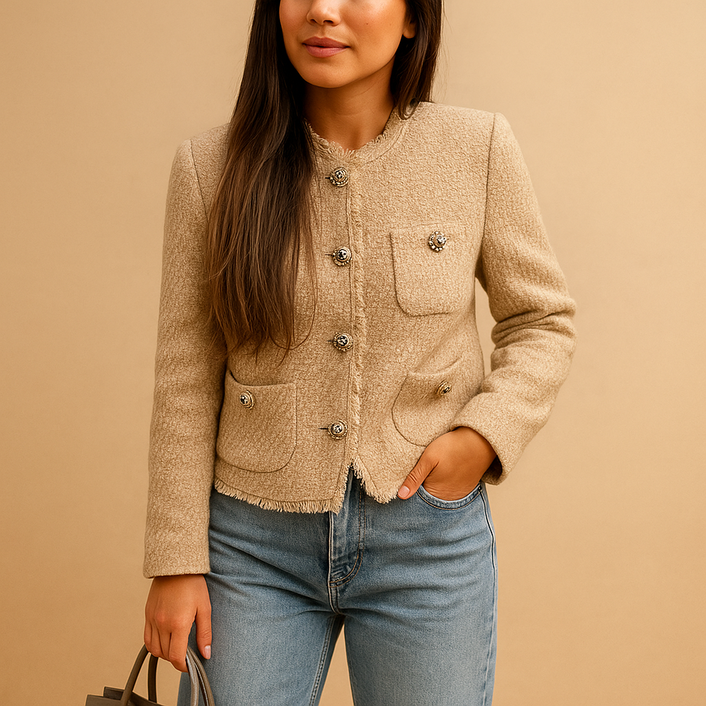 Classic tweed blazer coat for women with structured silhouette, button closure, and elegant texture, perfect for business or casual chic outfits.