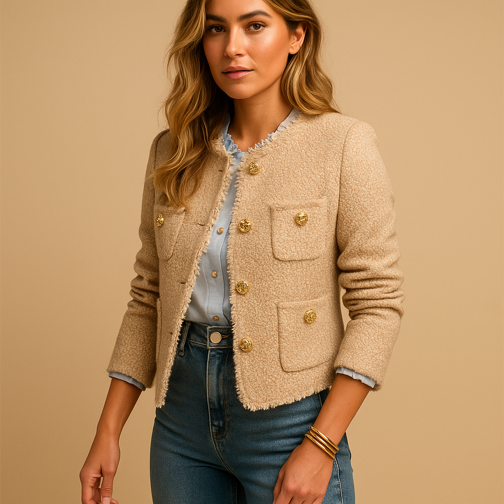 Classic tweed blazer for women with structured fit, button closure, and collar, perfect for formal, business, or casual chic outfits.