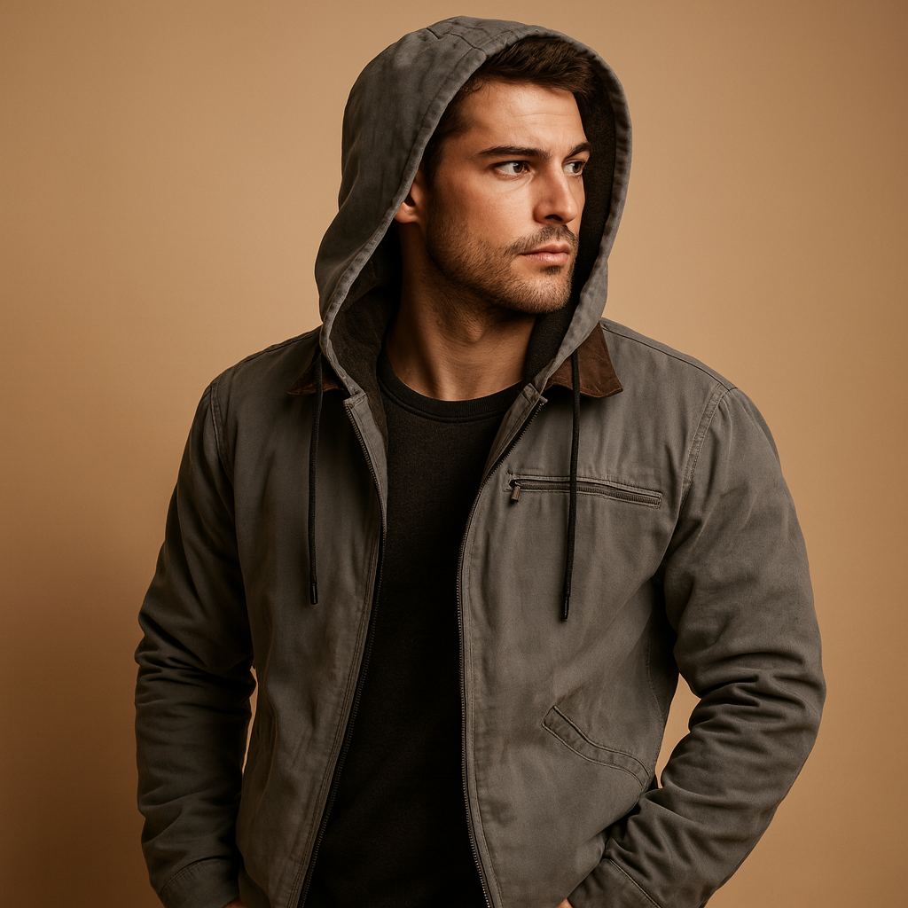 Men’s classic winter jacket with hood and soft inner lining, warm and stylish for cold winter days and outdoor wear.