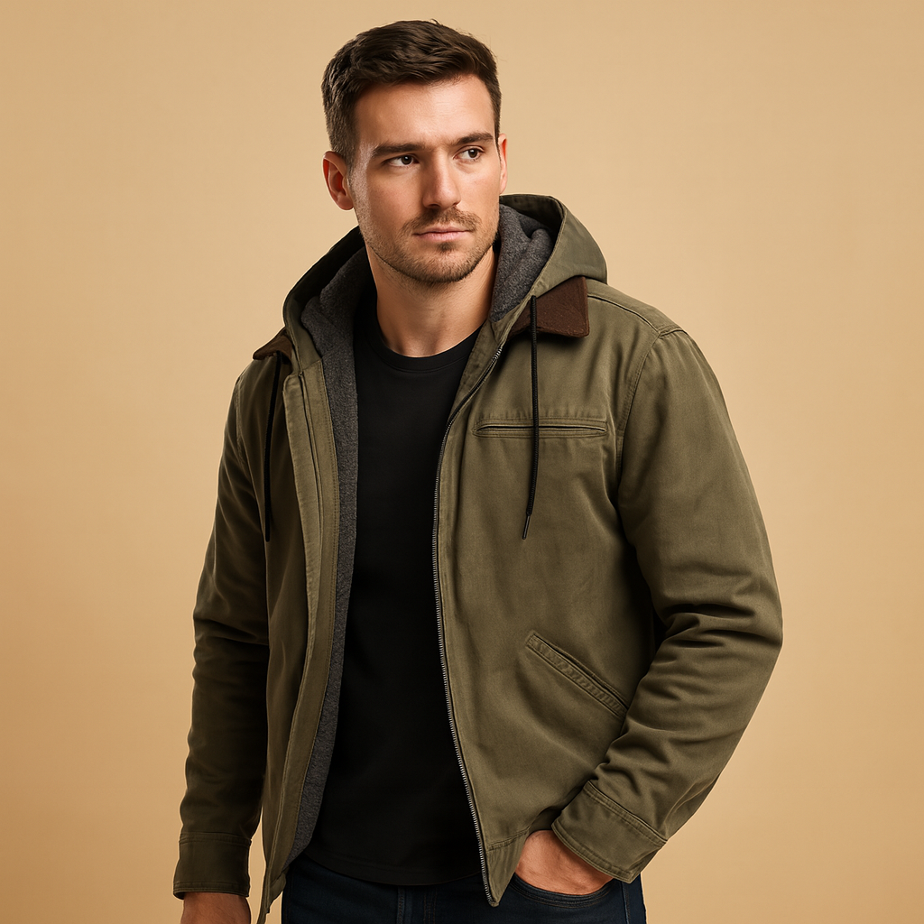 Men’s classic winter jacket with hood and soft inner lining, warm and stylish for cold winter days and outdoor wear.