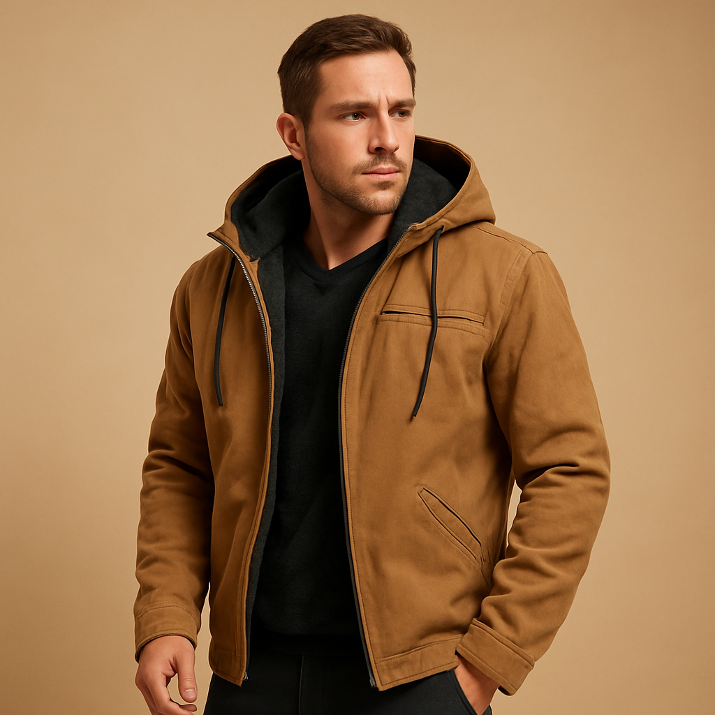 Men’s classic winter jacket with hood and soft inner lining, warm and stylish for cold winter days and outdoor wear.