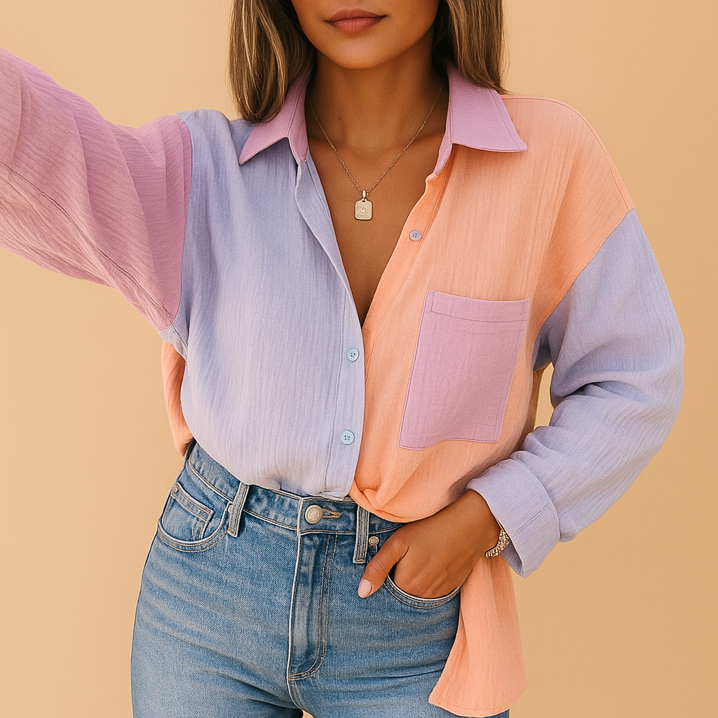 Women’s colorful patchwork blouse with a light, comfortable fit in vibrant pink and light blue tones, perfect for casual or chic occasions.