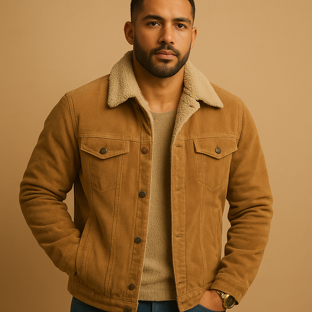 Men’s corduroy jacket with slim modern fit, available in khaki, coffee, green, and grey — ideal for casual and formal occasions.