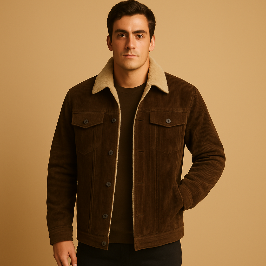Men’s corduroy jacket with slim modern fit, available in khaki, coffee, green, and grey, ideal for casual and formal occasions.